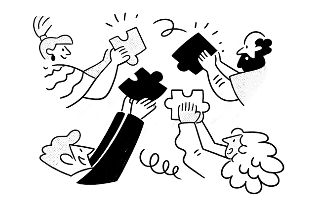 Illustration of several hands joining puzzle pieces together